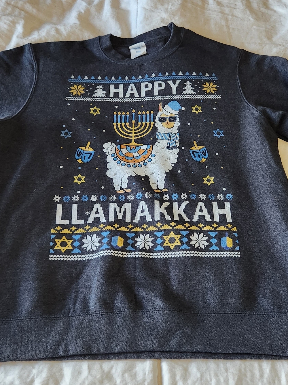 Port and Company Charcoal Crewneck with Blue & White Llama Menorah Graphic